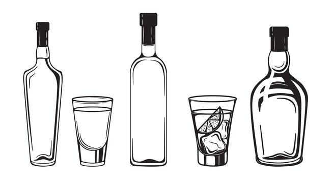 alcohol drinks bottles engraving vector set. Vodka, whiskey and cognac. Isolated black and white vintage style .