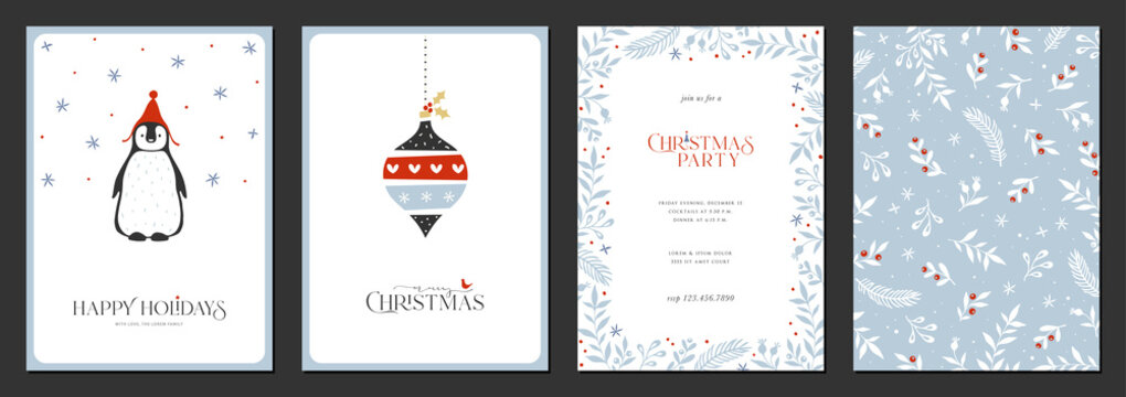 Merry and Bright Holiday cards. Modern creative universal artistic templates with Christmas Ornament, penguin, birds, floral frames and backgrounds.