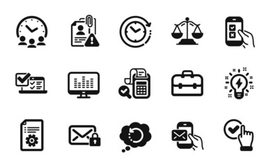 Vector set of Inspiration, Online survey and Mobile survey icons simple set. Bill accounting, Messenger mail and Secure mail icons. Search employee, Portfolio and Checkbox signs. Vector