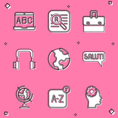 Set Foreign language online study, Translator, Briefcase, Headphones, Earth globe, Salut different languages, and Online translator icon. Vector