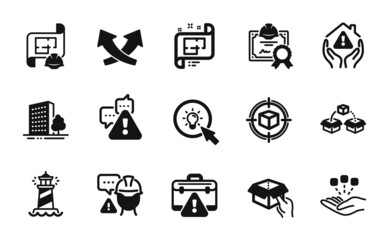 Vector set of House protection, Parcel tracking and Energy icons simple set. Buildings, Warning briefcase and Lighthouse icons. Parcel shipping, Hold box and Consolidation signs. Vector