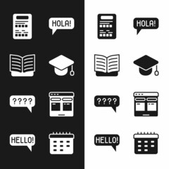 Set Graduation cap, Open book, Exam sheet, Hola in different languages, Speech bubbles with Question, Online translator, School timetable and Hello icon. Vector © vector_v