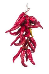 Dried hot peppers isolated on white background.