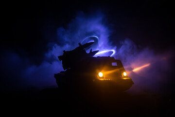 Rocket vehicle ready to attack on cloudy war Background. Selective focus