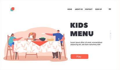 Kids Menu Landing Page Template. Hungry Family Eating Dinner. Little Baby, Boy and Girl Characters Sitting at Table