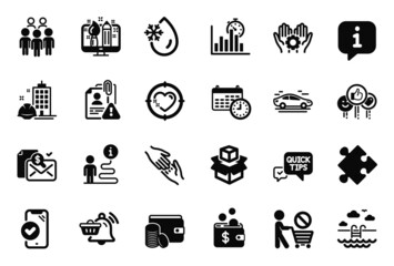 Vector Set of Business icons related to Strategy, Freezing water and Stop shopping icons. Search employee, Group people and Report timer signs. Creative design, Quick tips and Packing boxes. Vector