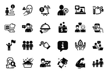 Vector Set of People icons related to Delete user, Leadership and Dont touch icons. Education, Teamwork and Friends chat signs. Fair trade, Business hierarchy and Couple love. Strong arm. Vector
