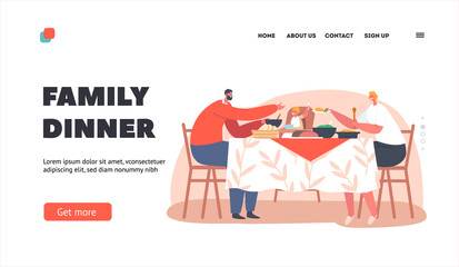 Family Dinner Landing Page Template. Happy Father, Mother and Little Baby Have Dinner Sitting Table with Food on Kitchen