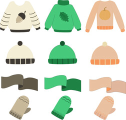 Warm outerwear set. Sweater, hat, gloves, scarf on a white background. Vector illustration