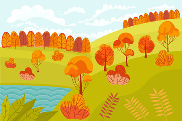 Fototapeta na wymiar Autumn Illustration of Trees on Blue Sky Background