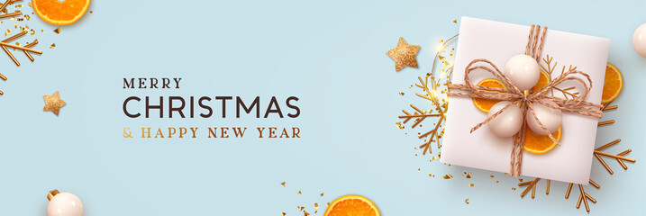 Christmas banner. Background Xmas design of realistic blue gifts box, golden 3d render snowflake and glitter gold confetti, bauble ball. Horizontal christmas poster, greeting card, headers for website