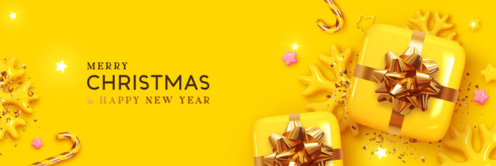 Fototapeta na wymiar Christmas banner. Xmas Background with realistic design gifts box, golden 3d render snowflake and glitter gold confetti, Bright stars. Horizontal christmas poster, greeting card, headers for website