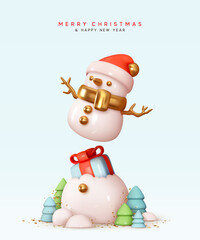 Christmas snowman with gift box, inside broken ball present surprise. New Year composition realistic 3d design. Xmas background. Holiday banner, web poster, flyer, stylish brochure, greeting card.