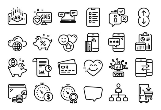 Vector set of Augmented reality, Contactless payment and Checklist line icons set. Calendar report, Money wallet and Credit card tag. Online voting, Best result and Cloud computing icons. Vector