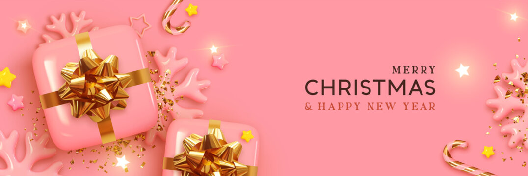 Christmas banner. Xmas Background with realistic design gifts box, golden 3d render snowflake and glitter gold confetti, Bright stars. Horizontal christmas poster, greeting card, headers for website