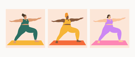 Illustration set of diverse women wearing bright sportswear doing yoga pose
