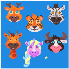 Set of animal heads, temporary tattoos, illustration for children. Giraffe, tiger, unicorn, bull, cow, zebra, deer. Faces of animals