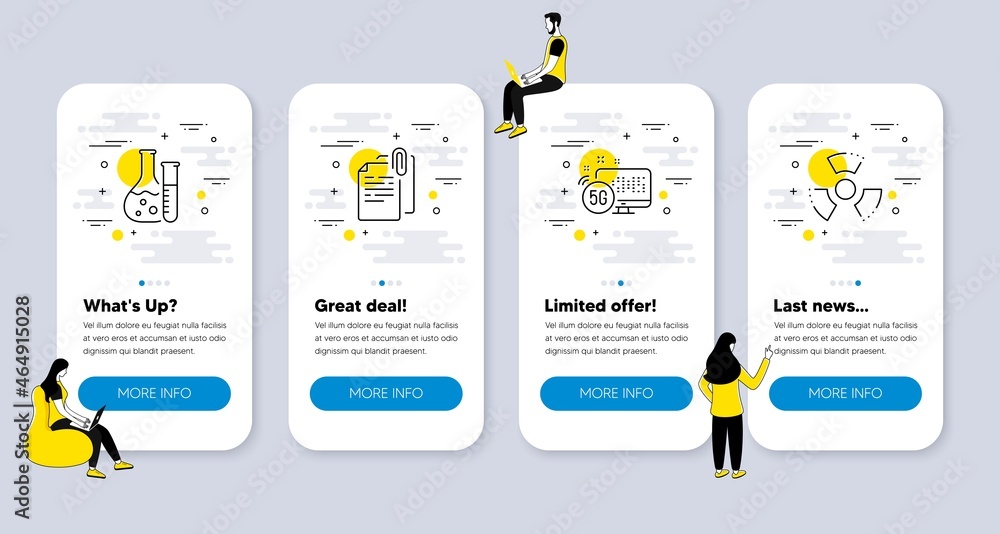 Poster vector set of science icons related to chemistry lab, document attachment and 5g internet icons. ui 