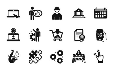 Vector set of Puzzle, Like and Jazz icons simple set. Engineer, Touchscreen gesture and Calendar icons. Portable computer, 5g internet and Video conference signs. Puzzle simple web symbol. Vector