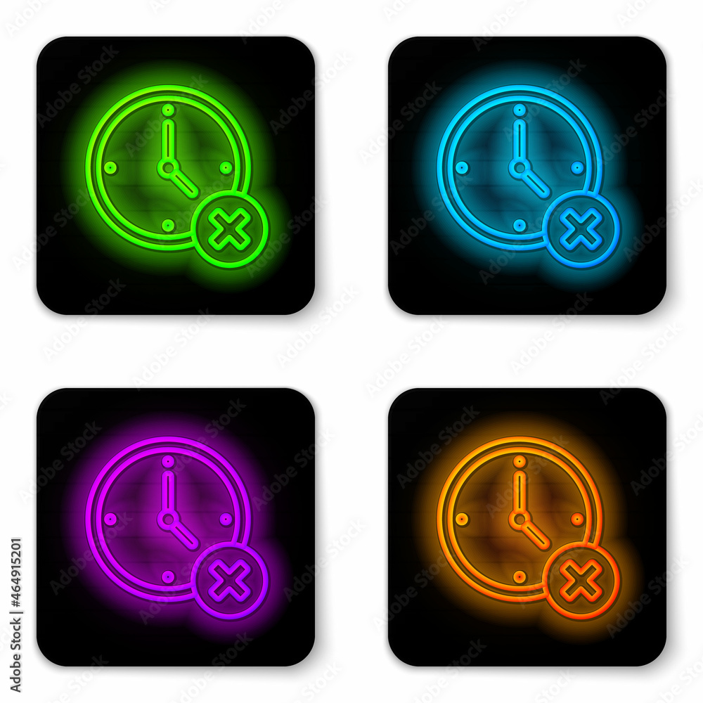 Aufkleber glowing neon line clock delete icon isolated on white background. time symbol. black square button. 
