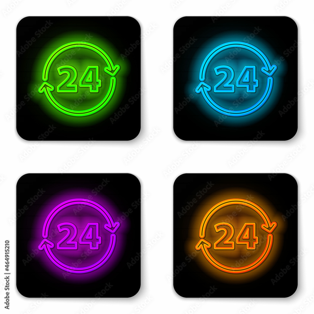 Poster glowing neon line clock 24 hours icon isolated on white background. all day cyclic icon. 24 hours se