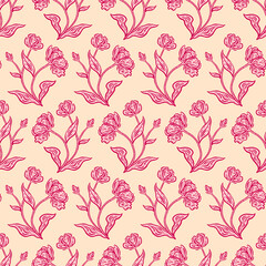 Floral seamless pattern. Beautiful botanical repeat texture with branches, leaves and flowers for print, fabric, textile, wallpaper in soft colors. Hand drawn ink illustration in line art style.
