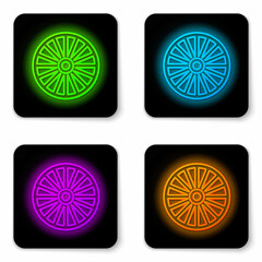 Glowing neon line Alloy wheel for a car icon isolated on white background. Black square button. Vector