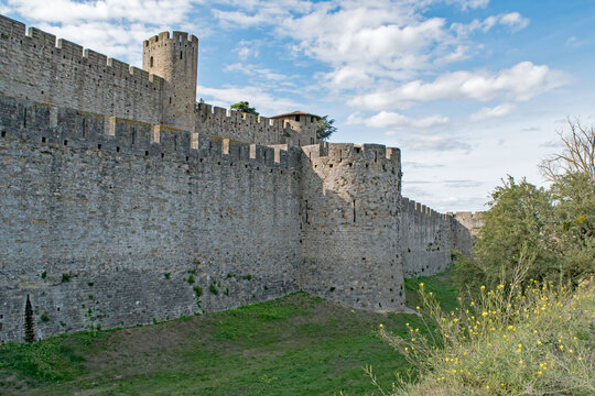 Castle wall, turret and towers of Carcassonne castle in France