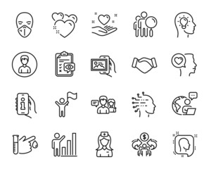Vector set of Search people, Info app and Image album line icons set. Leadership, Heart and Handshake icons. Outsource work, Head and Blood donation signs. Search people web symbol. Vector