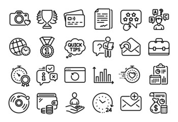 Vector set of Timer, Winner and Diagram graph line icons set. Calendar report, Money wallet and Credit card tag. Vinyl record, 24 hours and Send mail icons. Vector