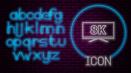 Glowing neon line Screen tv with 8k Ultra HD video technology icon isolated on brick wall background. Neon light alphabet. Vector