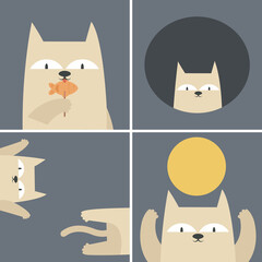 Collection of illustrations with funny cat. Cute pet in flat style
