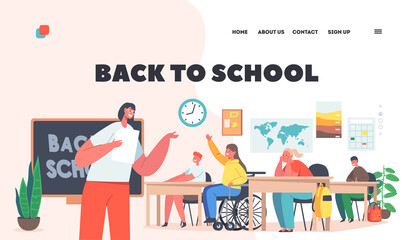 Back to School Landing Page Template. Children with Disabilities Studying, Handicapped Kids on Lesson with Teacher
