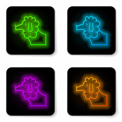 Glowing neon line French poodle dog icon isolated on white background. Black square button. Vector