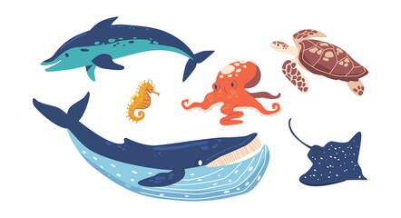 Set Sea Animals Octopus, Ocean Slope or Crab and Turtle with Dolphin, Whale and Sea Horse Isolated on White Background