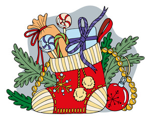 Christmas flat composition. Vector red sock with boxes of gifts, sweet candies, fir branches with decorative beads and toys. Hand drawn illustration.