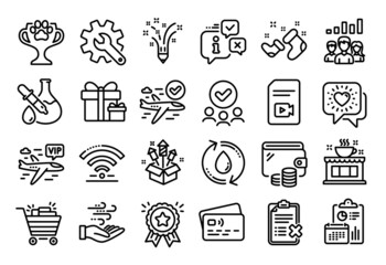 Vector set of Customisation, Video file and Chemistry experiment line icons set. Calendar report, Money wallet and Credit card tag. Winner cup, Shopping cart and Approved group icons. Vector