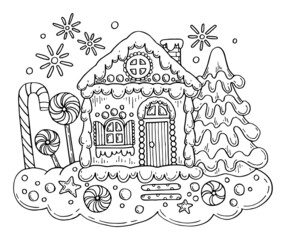 Christmas gingerbread house vector coloring page. Holiday sweets, lollipops, candies, cookies, decorated spruce and stars. Hand drawn line art winter illustration. Happy holiday.