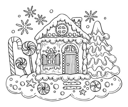 Christmas gingerbread house vector coloring page. Holiday sweets, lollipops, candies, cookies, decorated spruce and stars. Hand drawn line art winter illustration. Happy holiday.