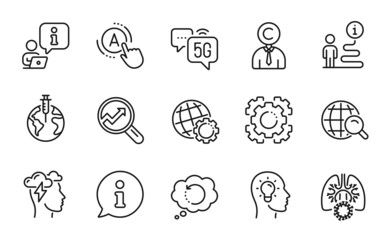 Science icons set. Included icon as Analytics, Globe, Internet search signs. Seo gear, Recovery data, Pandemic vaccine symbols. Copyrighter, Ab testing, Idea head. Coronavirus lungs. Vector