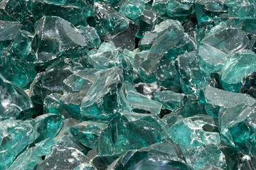 large Chunk of Aqua Glass Rock Slag for Garden decor. Glass in Nature Full frame texture top view