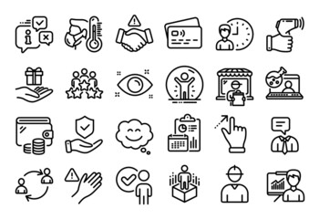 Vector set of User communication, Recovered person and Health eye line icons set. Calendar report, Money wallet and Credit card tag. Vector