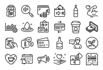 Vector set of Person talk, Love coffee and Wine bottle line icons set. Calendar report, Money wallet and Credit card tag. Hold heart, Fuel energy and Puzzle icons. Vector
