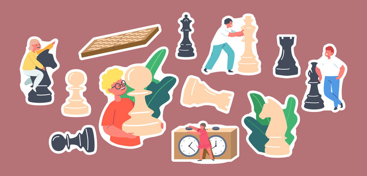 Set of Stickers Kids Playing Chess in Club, Little Children with Huge Figures on Chessboard Logic Activities and Game