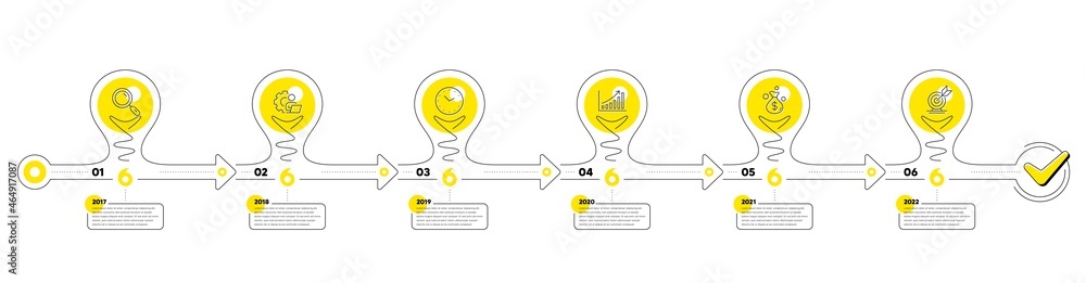 Poster business infographic timeline with 6 steps. lightbulb journey path infographics. workflow process di