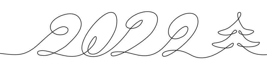 2022 One Continuous line art drawing symbol of new year Christmas tree simple hand drawn number, editable Vector illustration