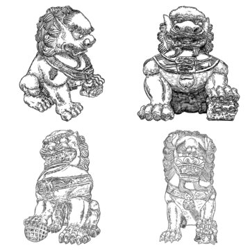 Set of Chinese Imperial guardian lions drawing. Traditional Chinese architectural statue ornament made of decorative stone, such as marble and granite or cast in bronze or iron. Vector.