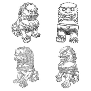 Set of drawing of traditional Chinese lions on a white background. Oriental Asian lion temple guard. Traditional ancient stone statue lion guardian. Lions are traditionally carved from stone. Vector.
