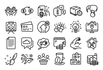 Vector set of Certificate, Megaphone and File line icons set. Calendar report, Money wallet and Credit card tag. Paint brush, Currency exchange and Weather forecast icons. Vector