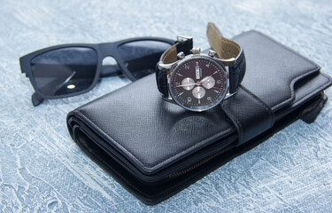 Men's purse, glasses, watch. Mens travel set to holidays